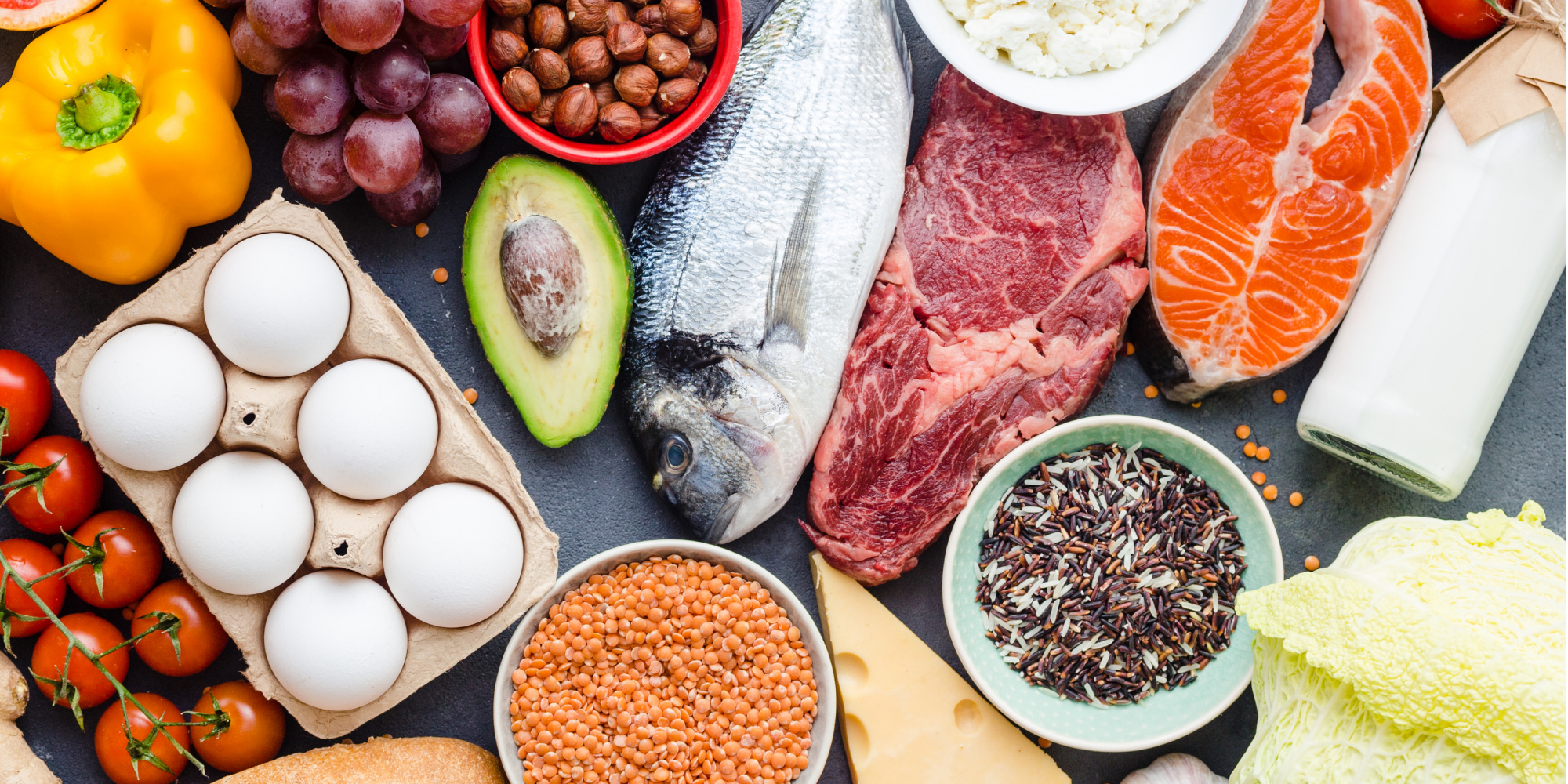 A variety of foods, including animal products, makes up a healthy diet.