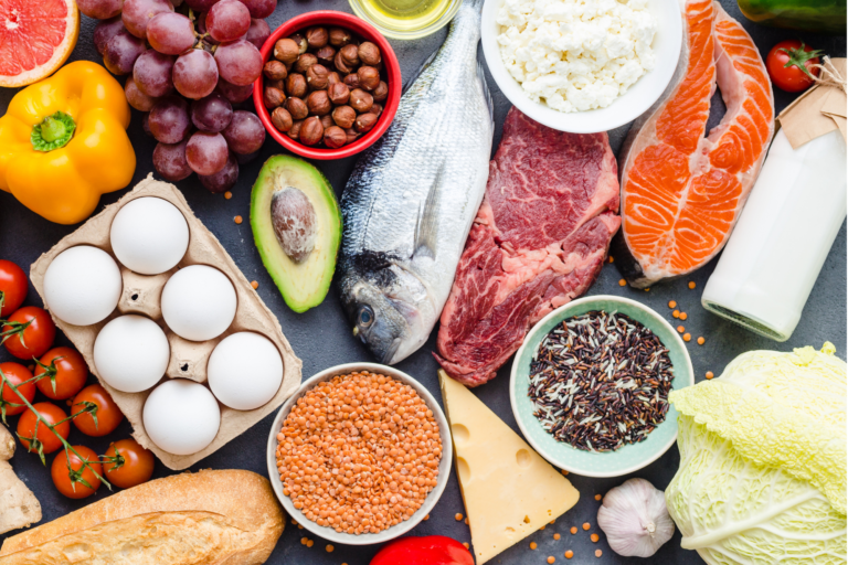 A variety of foods, including animal products, makes up a healthy diet.