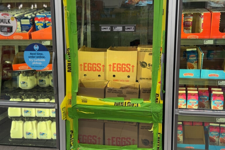 Shortages affecting egg prices in grocery stores.